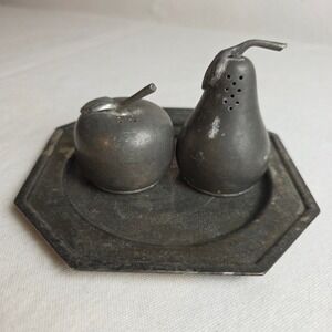 Vintage Web Pewter Apple and Pear Salt and Pepper Shakers Octagonal Tray Set